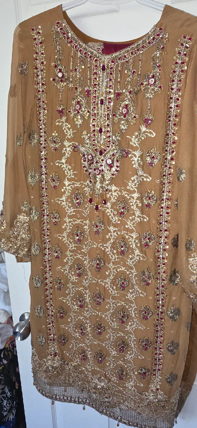 Embroidered Pakistani Dress - Gold & Maroon thumbnail
