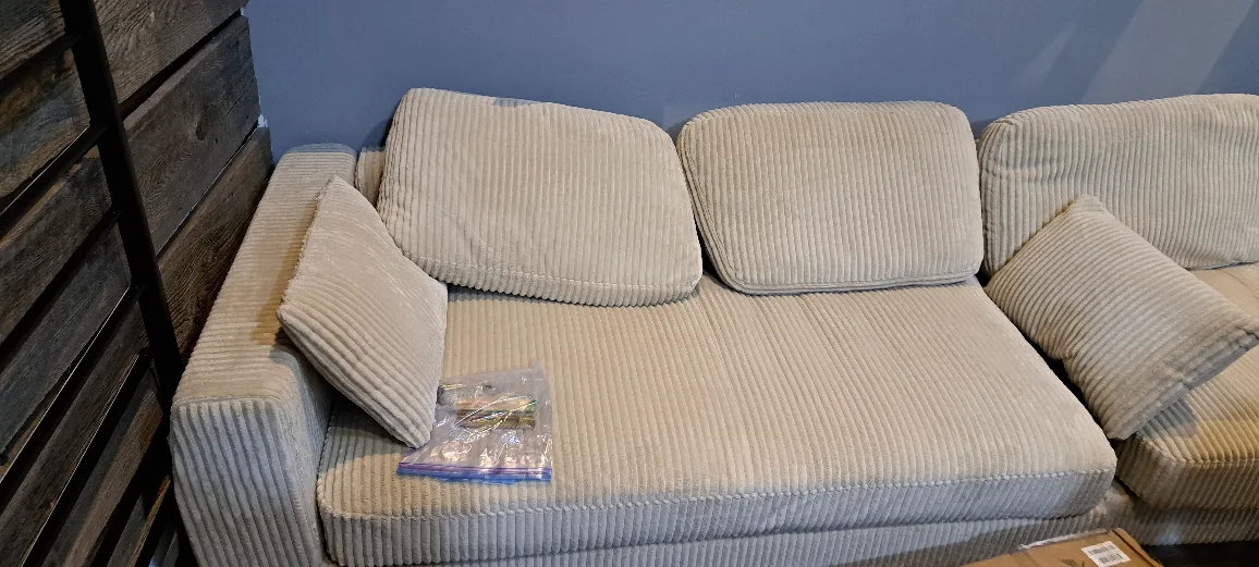Beige Corduroy Sofa with Pillows thumbnail