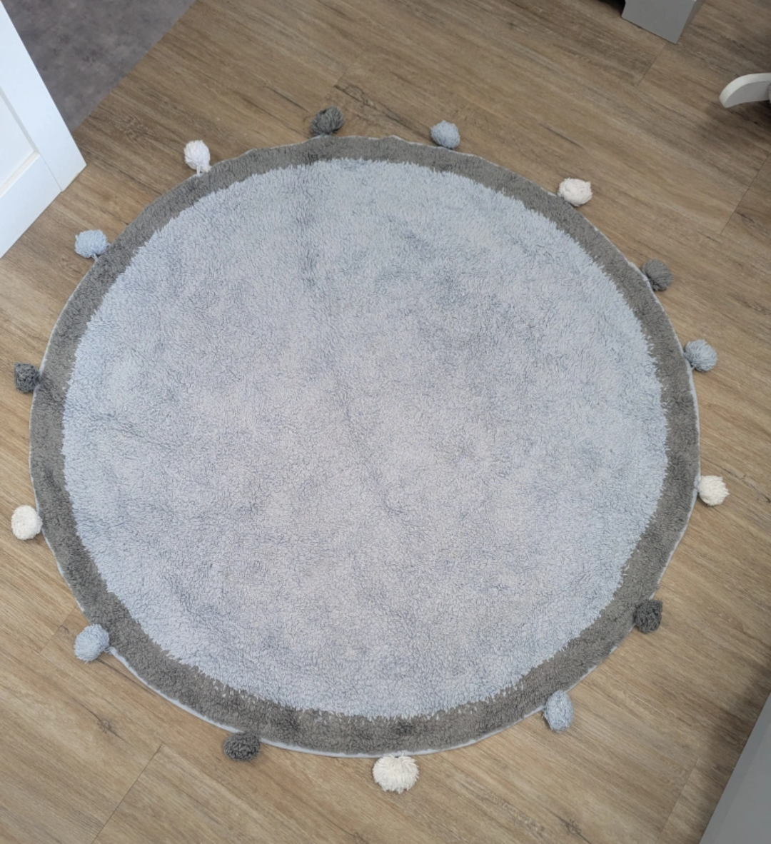 Round Blue/Grey Rug with Pom Poms