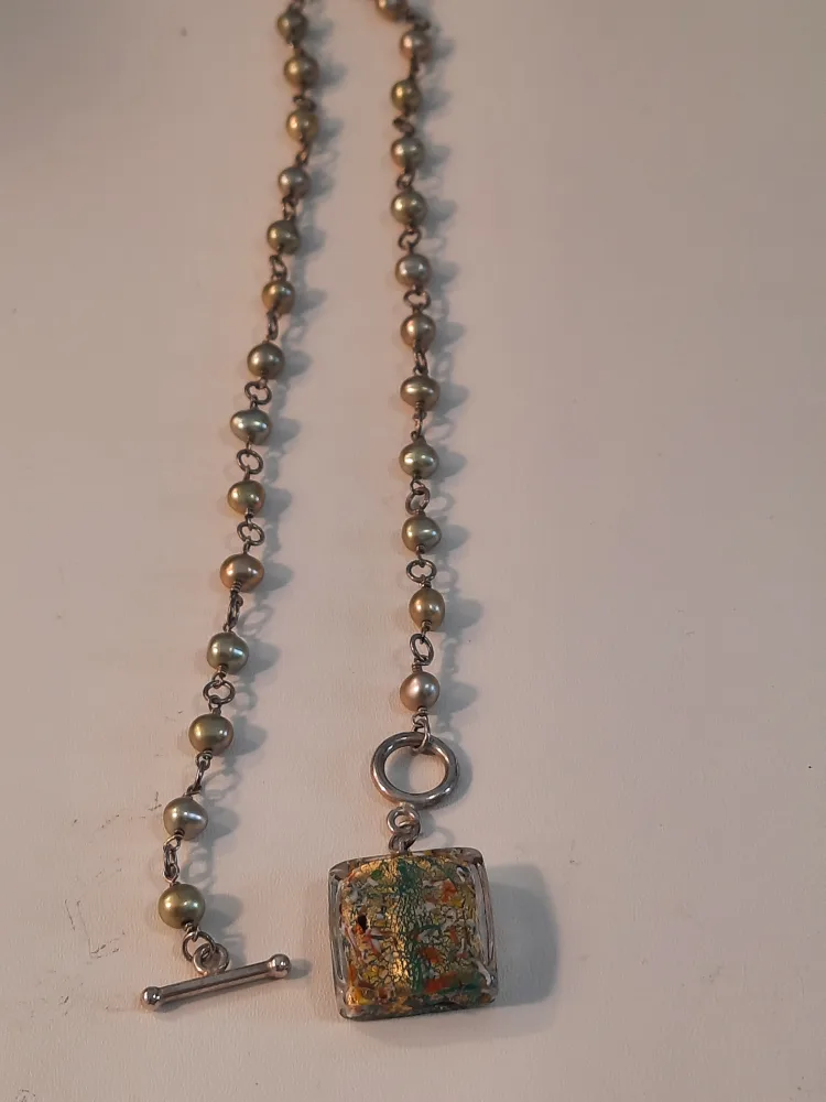 Handmade Pearl Necklace 925 silver closings with Glass Pendant image indicator(5)