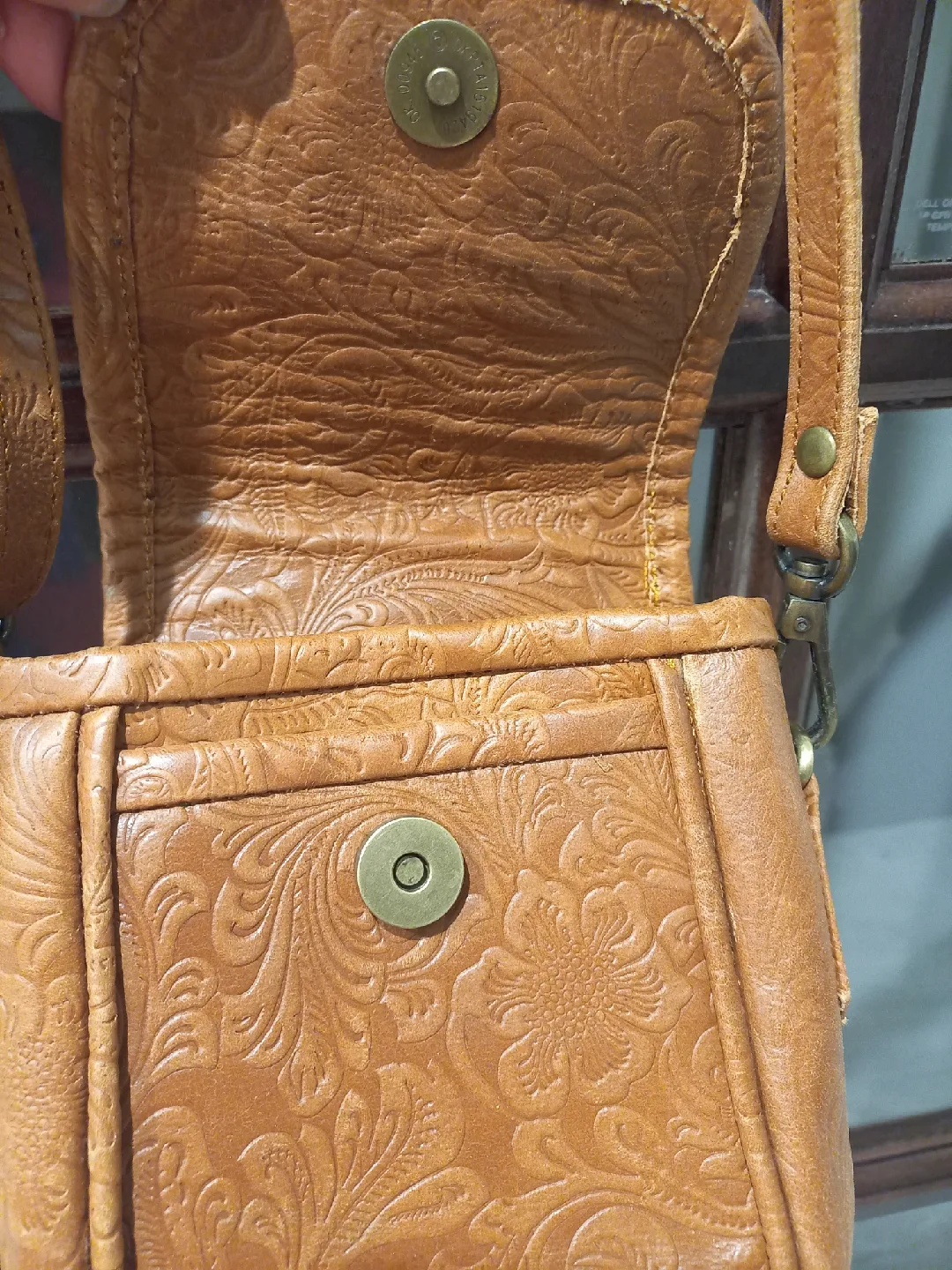 Floral Embossed tan Leather Crossbody Bag image indicator(2)