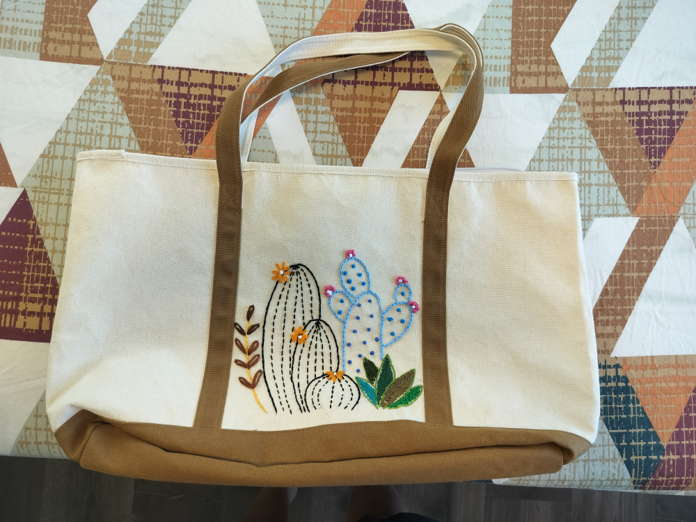 Cactus Embroidered Tote Bag - Beige & Brown