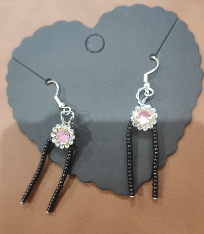 Pink Flower Earrings with Black Beads
