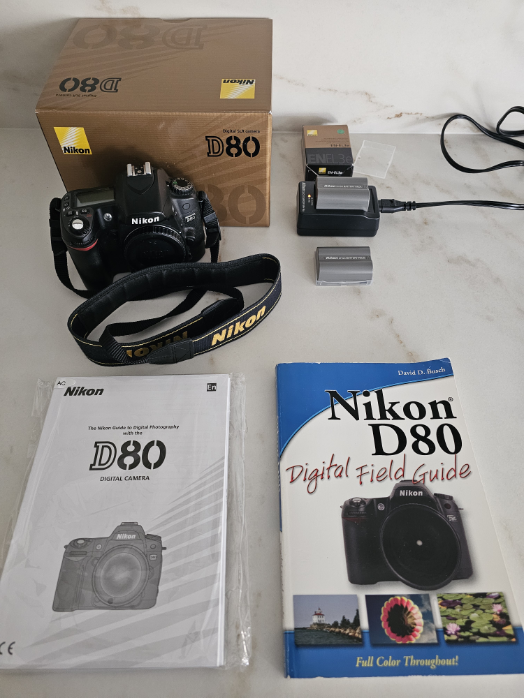 Nikon D80 Digital SLR Camera Body. Needs repair. Accessories.