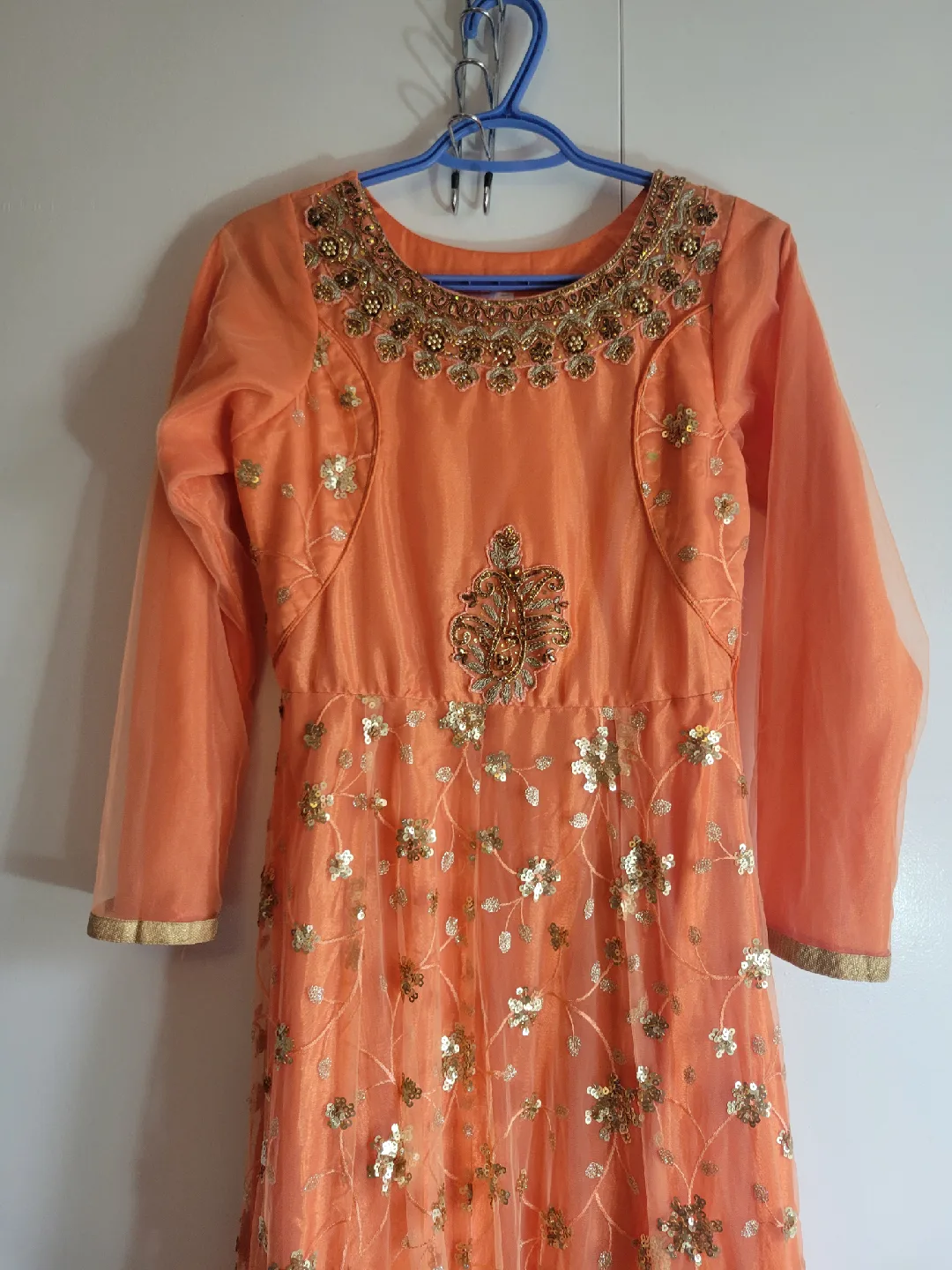 Orange Sequins Embroidered Long Dress/Lehenga Traditional Dress image indicator(2)