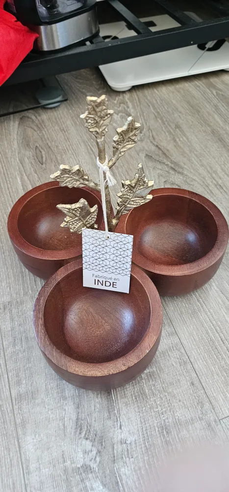 Wooden Triple Bowl Serving Dish - New! thumbnail