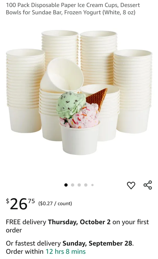 100 Pack Disposable Paper Ice Cream Cups - 8 oz thumbnail