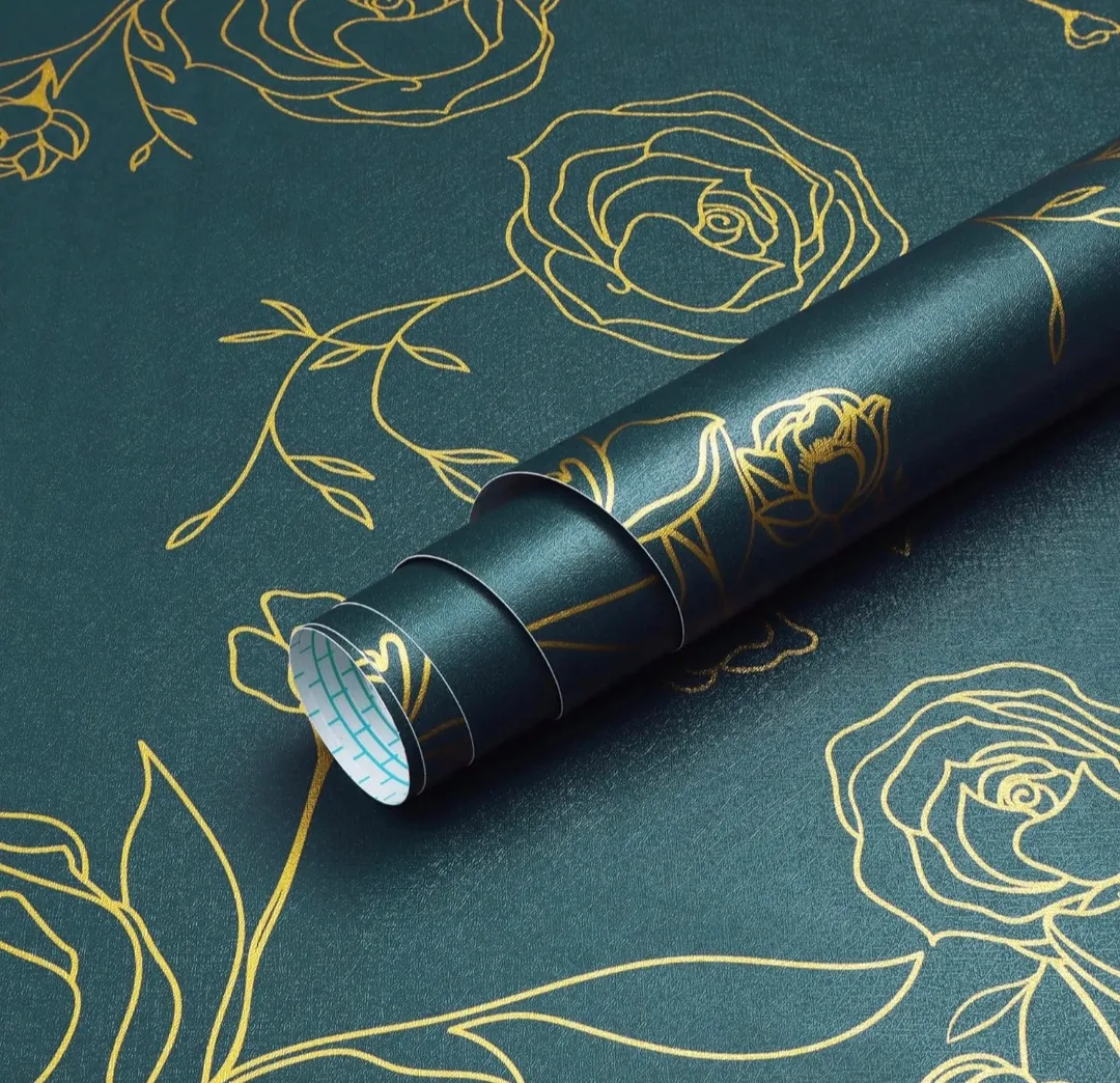 Teal Green Gold Colour Floral Self Adhesive Wallpaper 17.3"x196" thumbnail