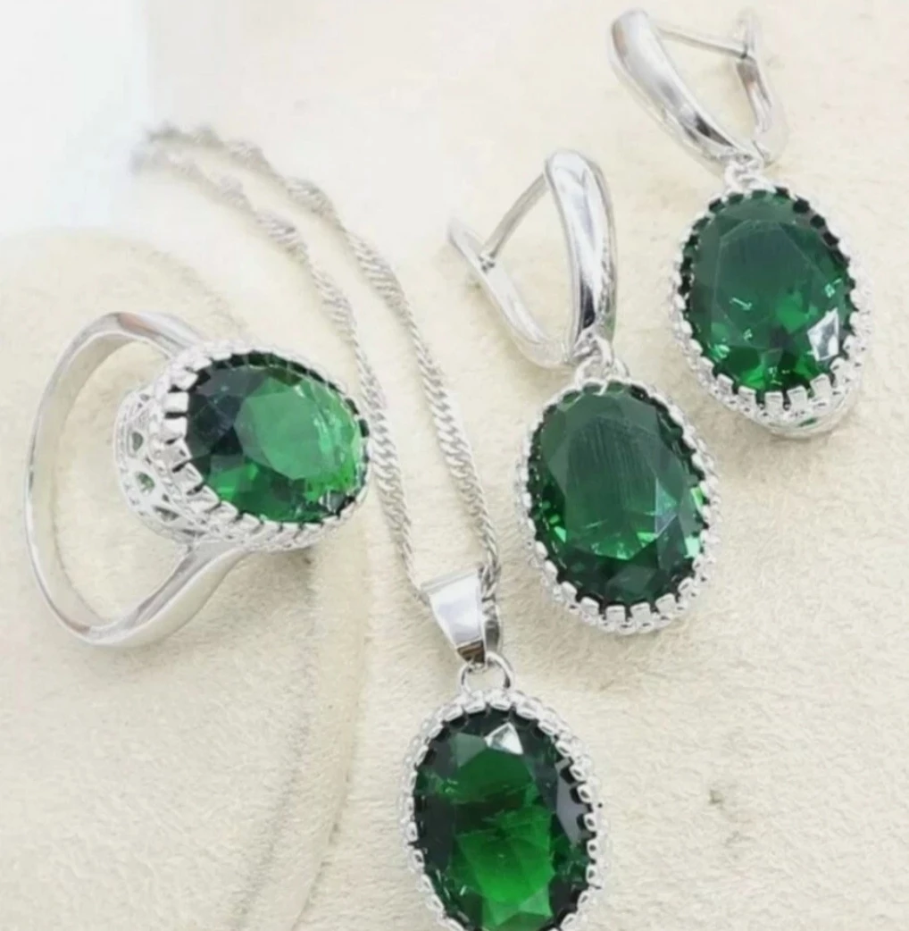 925 Silver Emerald Green Stone Jewelry Set