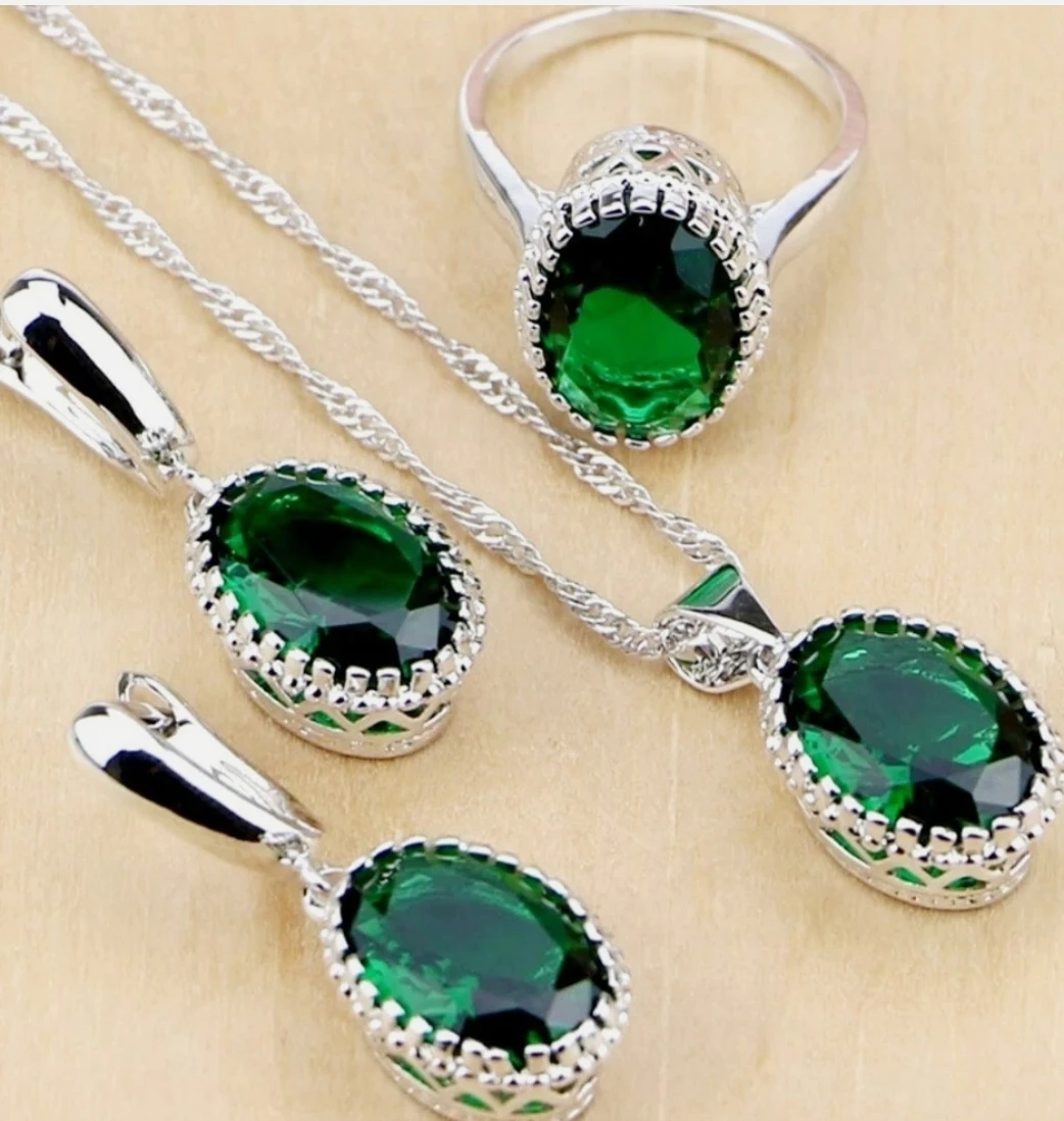 925 Silver Emerald Green Stone Jewelry Set - photo 2