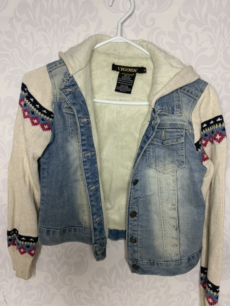 Kids denim long sleeve hooded fashion jacket