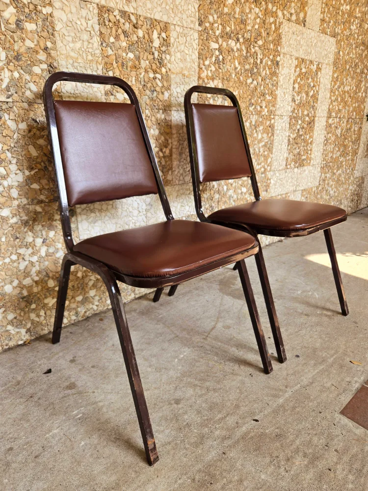 Set Of 12 Brown Stackable Dining Chairs With Metal Frame thumbnail