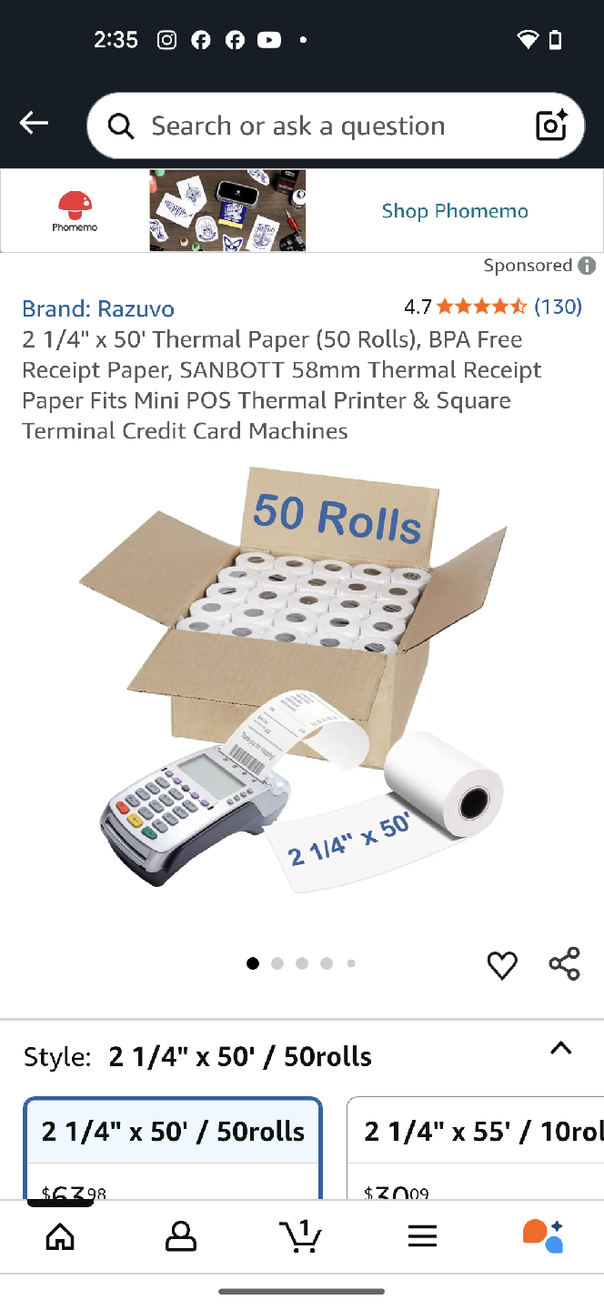 Razuvo 2 1/4" x 50' Thermal Paper - 50 Rolls