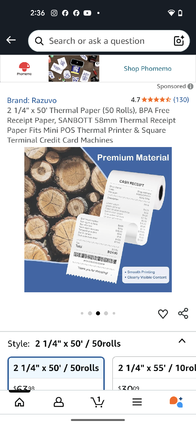 Razuvo 2 1/4" x 50' Thermal Paper - 50 Rolls - photo 3