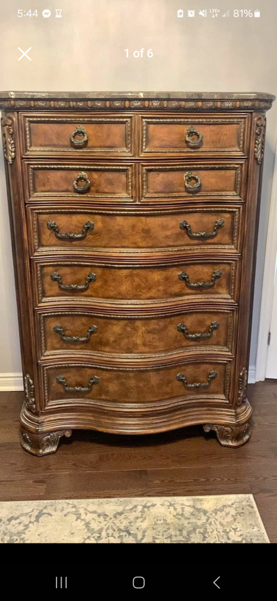 Ornate Vintage Solid Wood Dresser with Marble Top