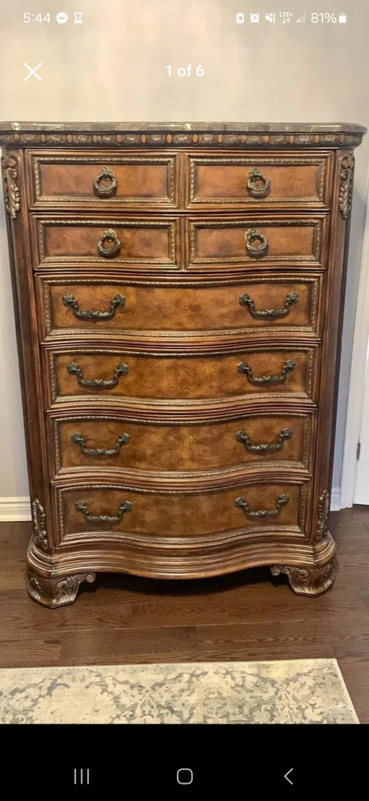 Ornate Vintage Solid Wood Dresser with Marble Top thumbnail