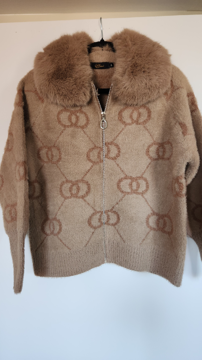 BFashion Fur Collar Zip-Up Cardigan - Size L