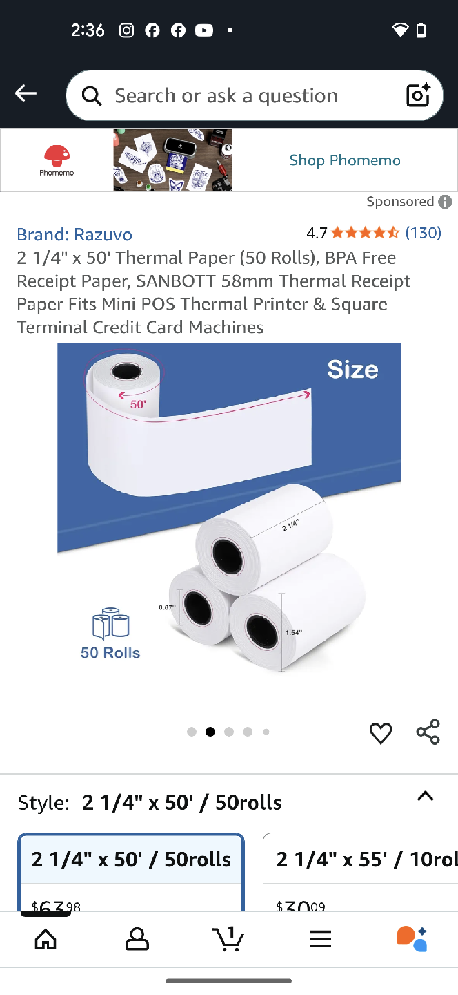 Razuvo 2 1/4" x 50' Thermal Paper - 50 Rolls - photo 2