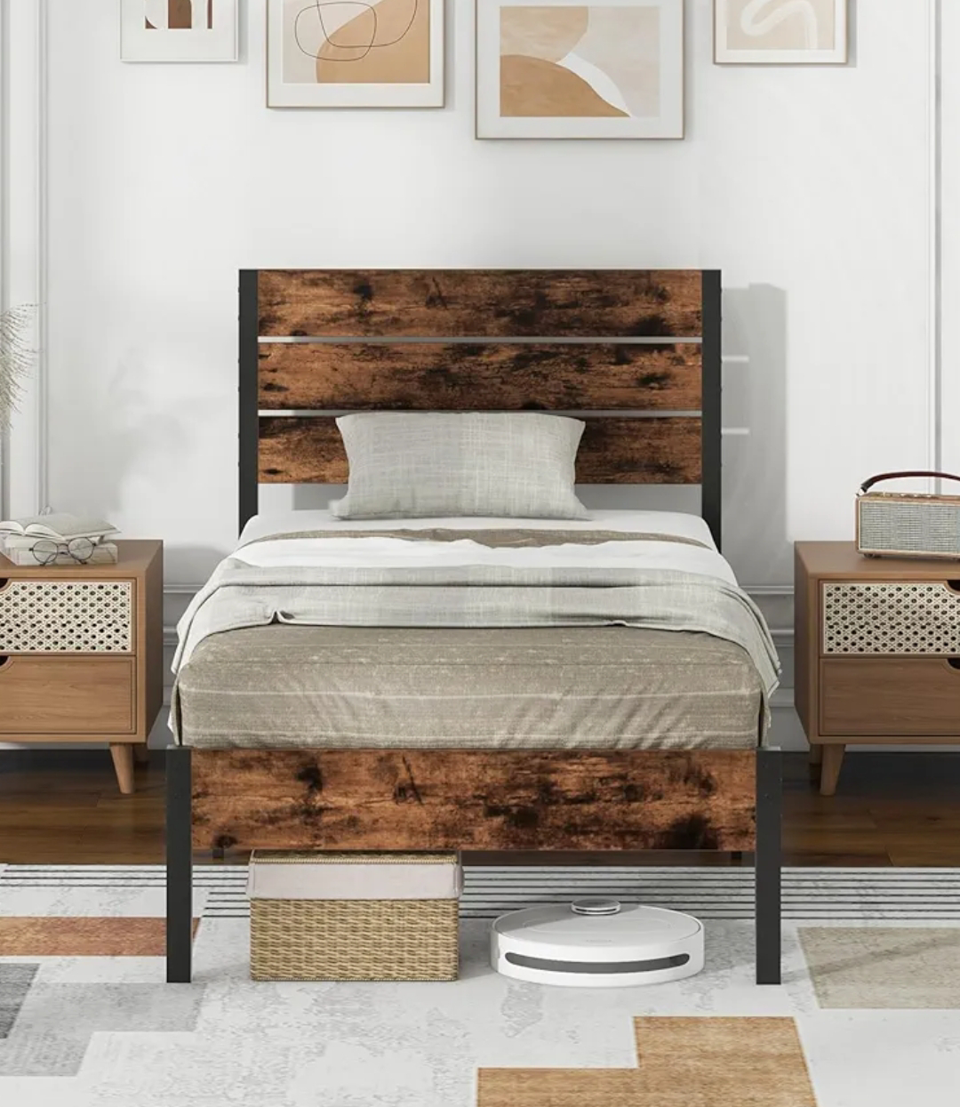 Twin Bed Frame with Wood Headboard - Rustic Brown