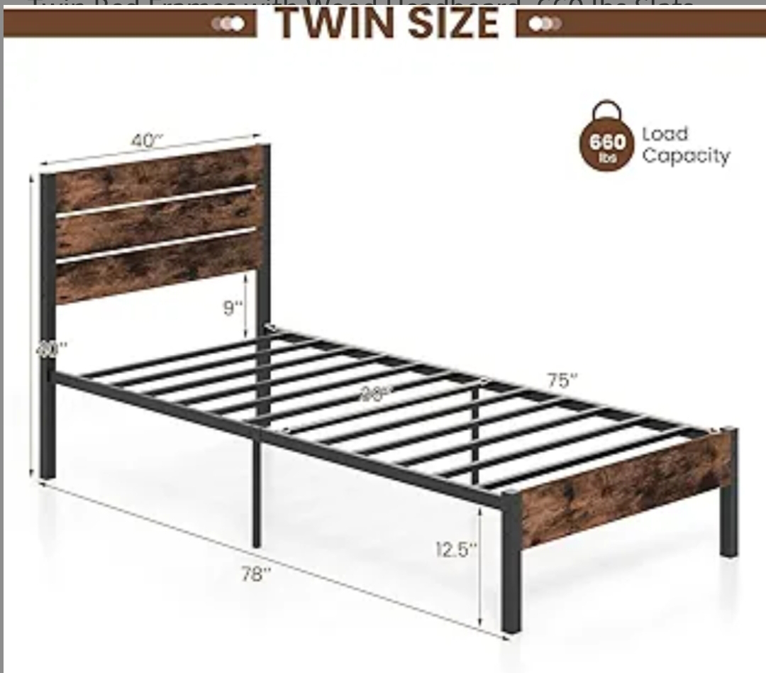 Twin Bed Frame with Wood Headboard - Rustic Brown - photo 2