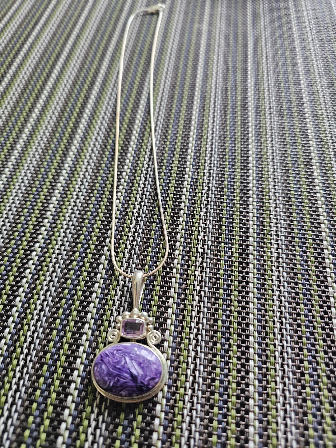 Silver Charoite & Amethyst Pendant Necklace thumbnail