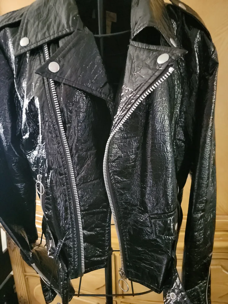 Black Faux Patent Leather Moto Jacket image indicator(3)