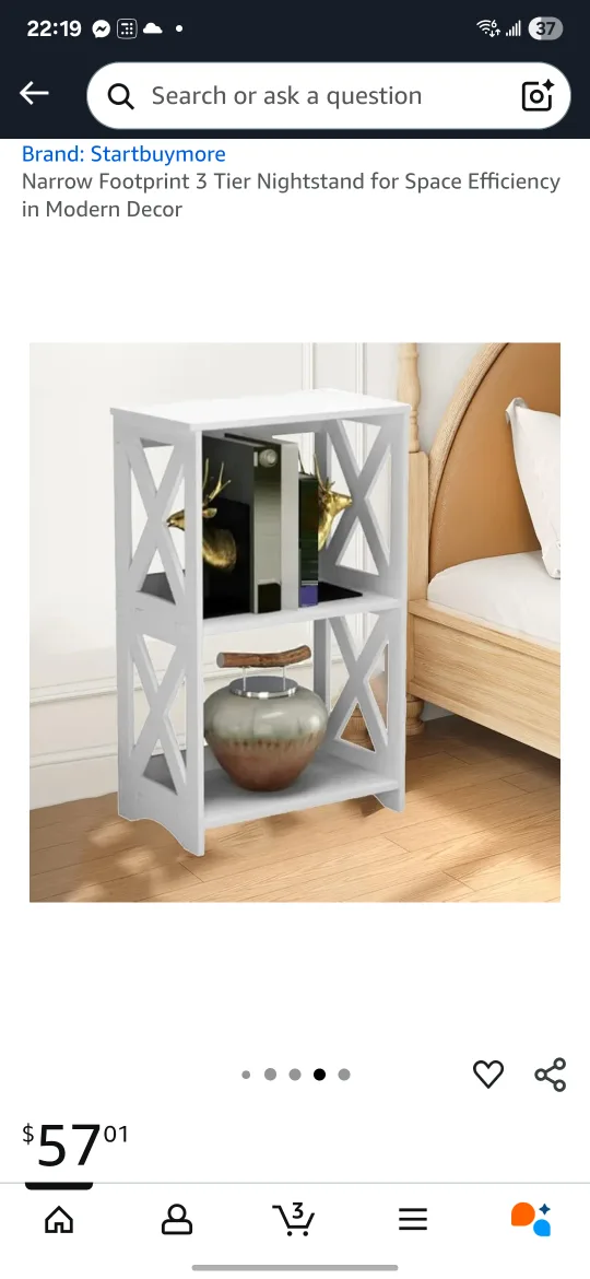 Startbuymore 3-Tier Nightstand - White thumbnail