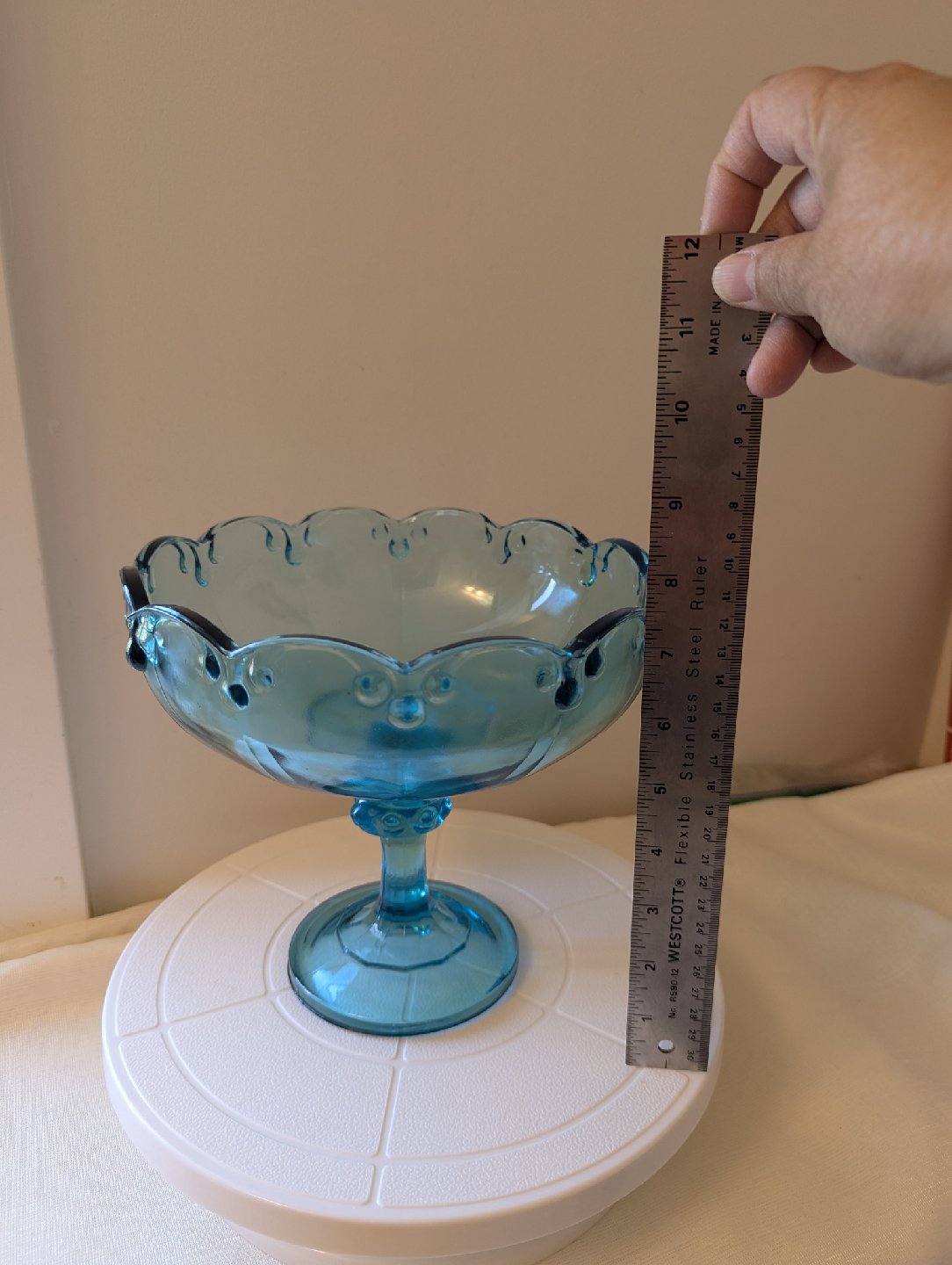Blue Glass Pedestal Candy Compote Dish - 8"