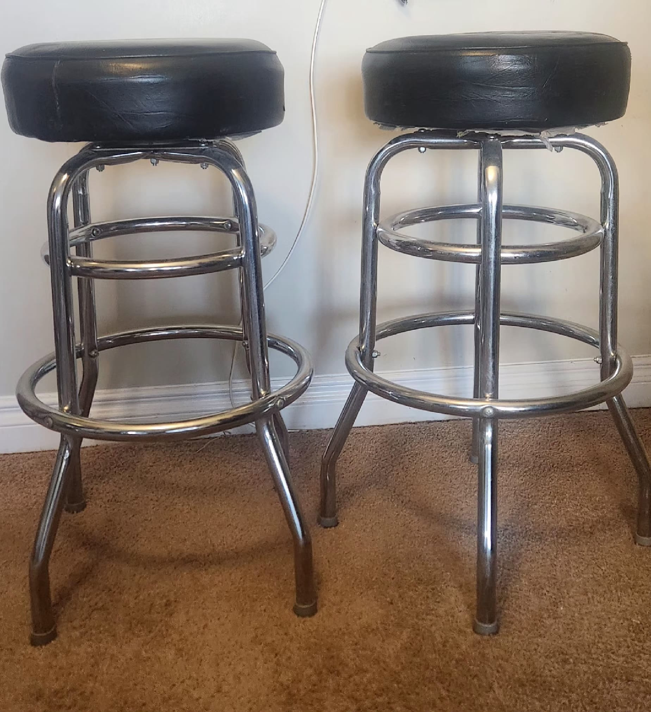 Pair of Chrome Bar Stools with Black Cushions
