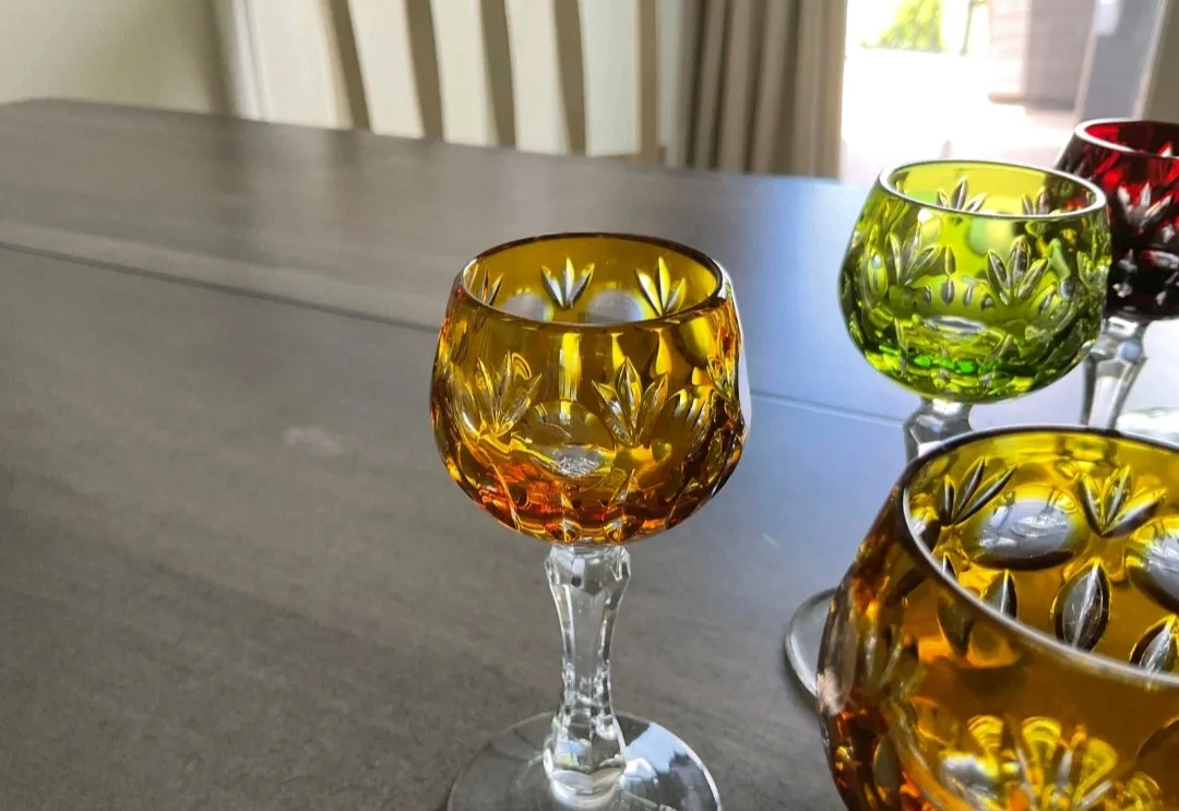 Vtg German Multi-colored set 8 , H 4" Crystal glasses image indicator(5)