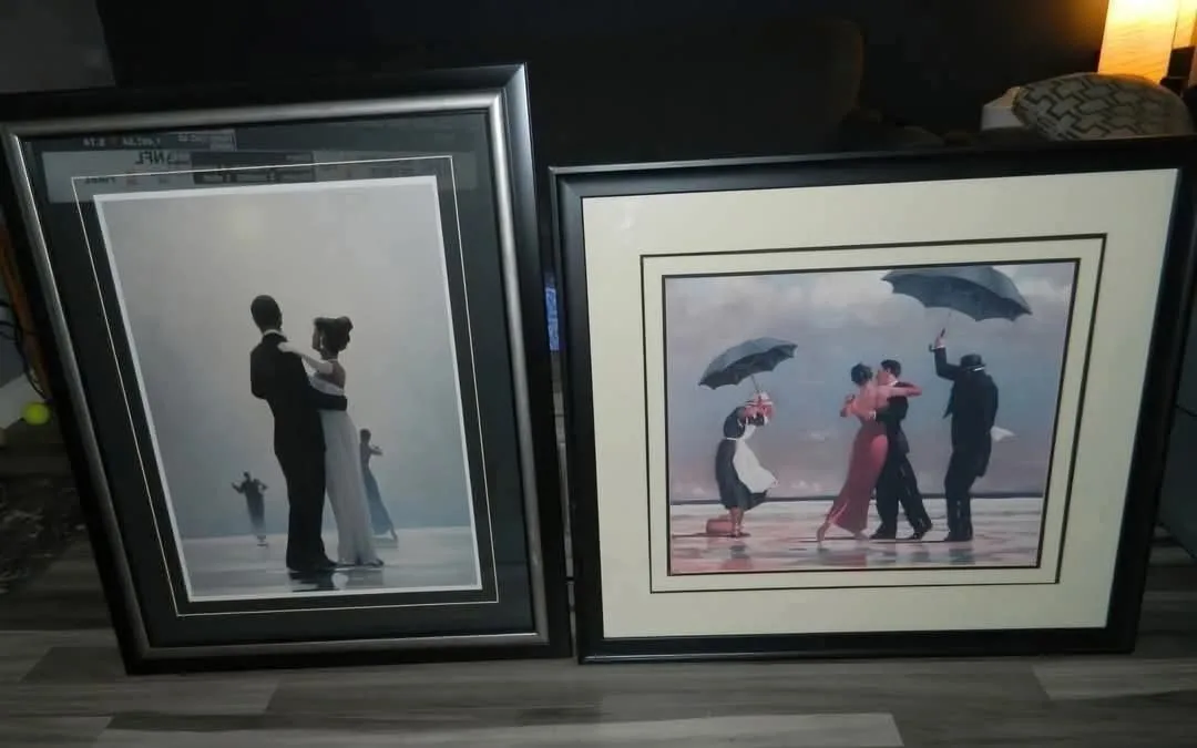 2 FRAMED ART PRINTS..THE WEDDING COUPLE and THE SINGING BUTLER thumbnail