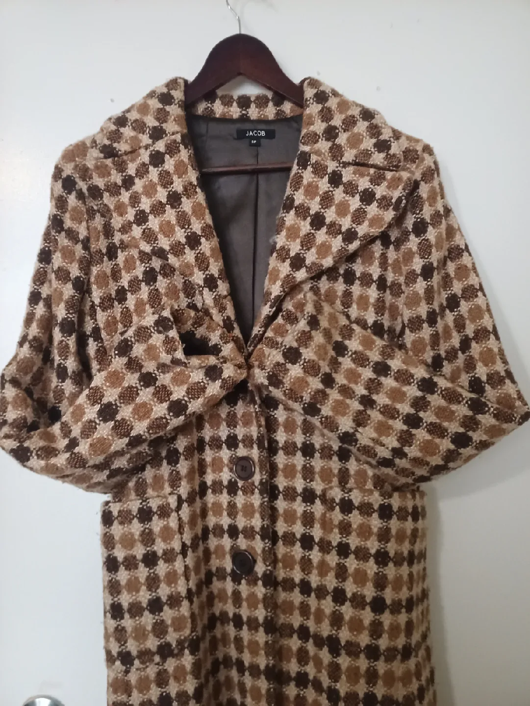 Jacob Brown Patterned Wool Blend Coat - Size M