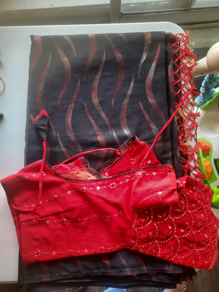 Red Blouse & Black Saree Set