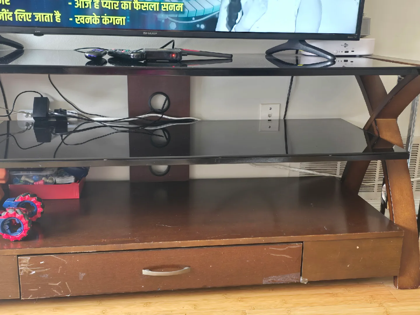 Dark Brown TV Stand with Glass Shelves image indicator(4)