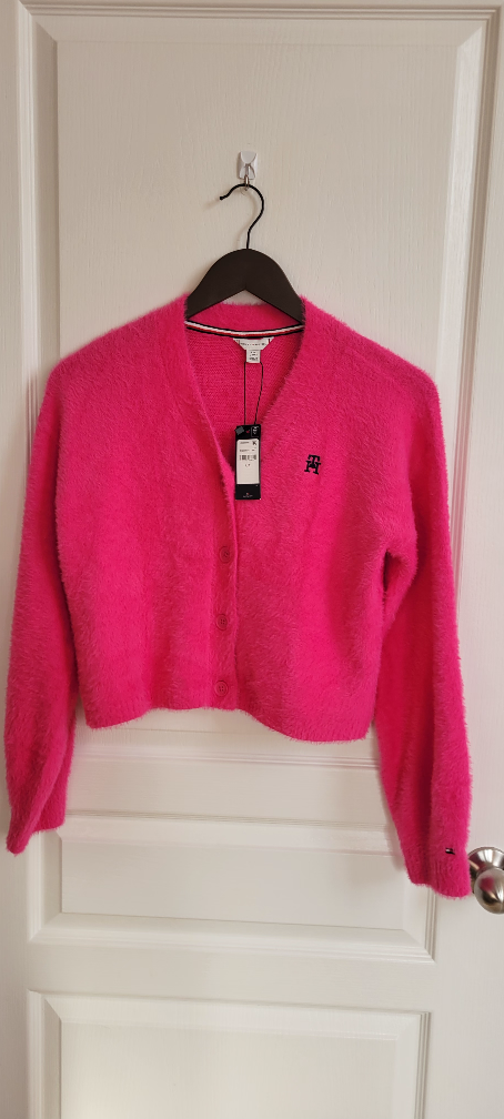 Girls New Tommy Hilfiger Pink Fuzzy Knit Cardigan - Size L 12-14