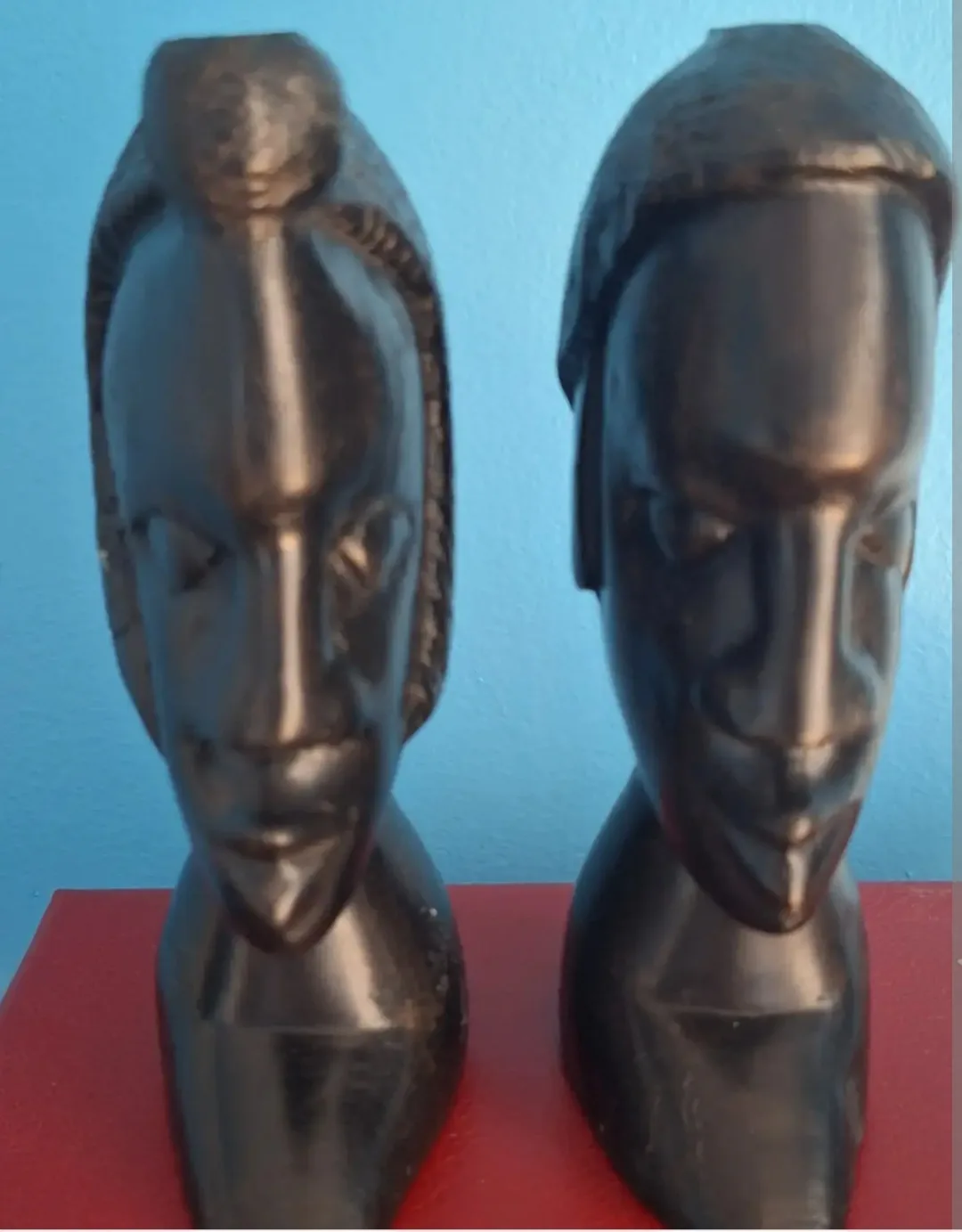 Pair of vintage   hand carved ebony wood tribal busts, heads image indicator(3)