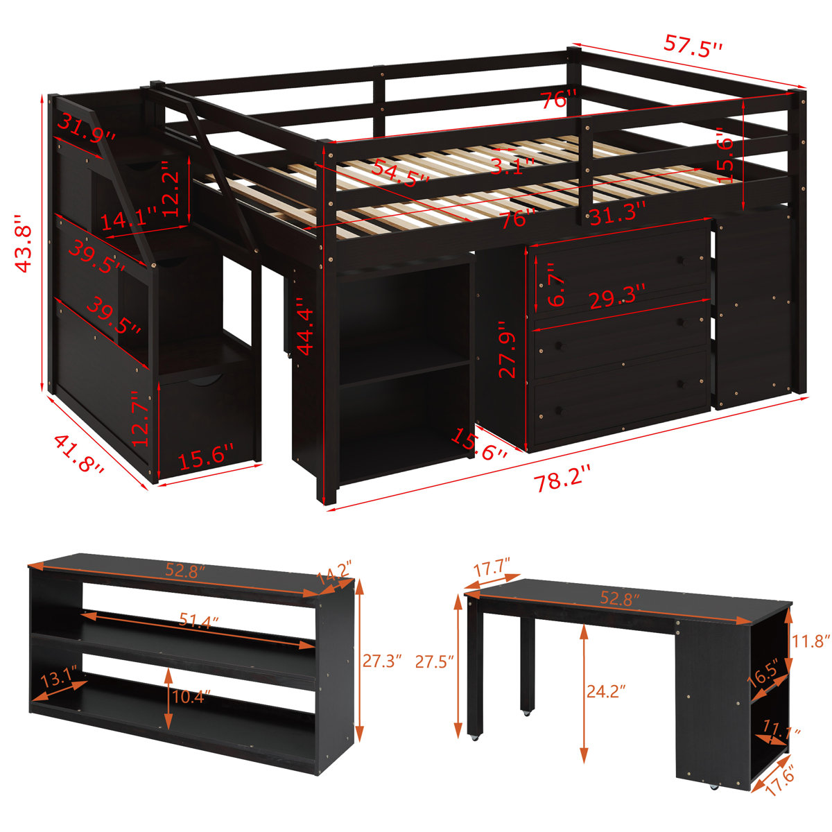 Full, Low Loft Bed with Storage Stair and Pullout Desk - photo 3