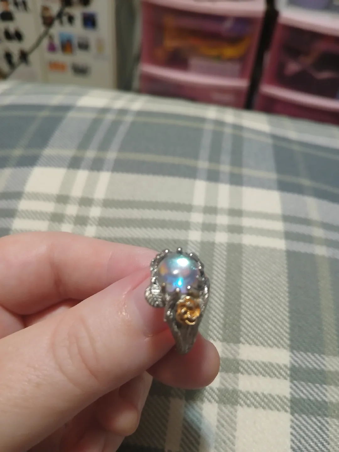 Silver Tone Ring with Iridescent Stone image indicator(3)