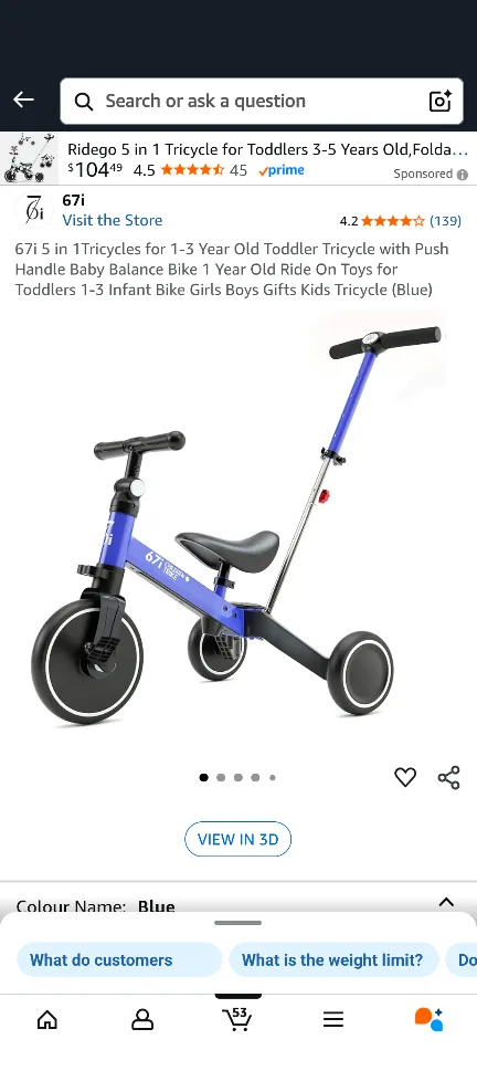 67i 5-in-1 Toddler Tricycle, Blue thumbnail