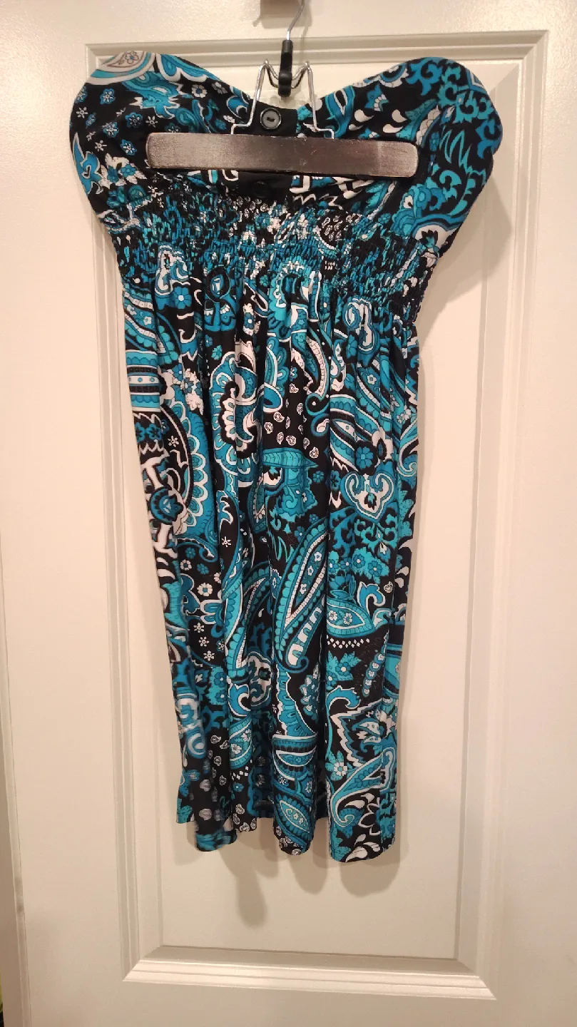 Majora Blue White & Black Paisley Strapless Dress thumbnail