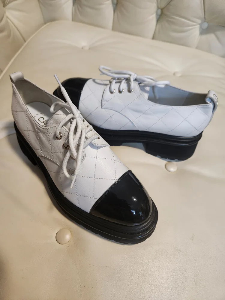 Chanel White & Black Leather Platform Shoes image indicator(4)