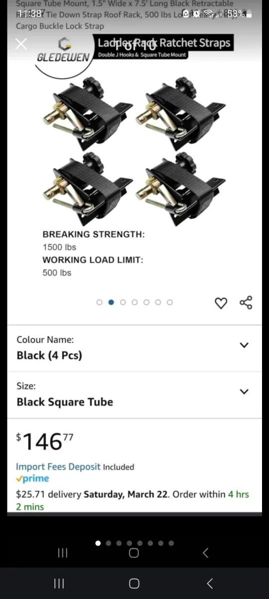 GLEDEWEN Ladder Rack Ratchet Straps - Black (4 Pcs) thumbnail