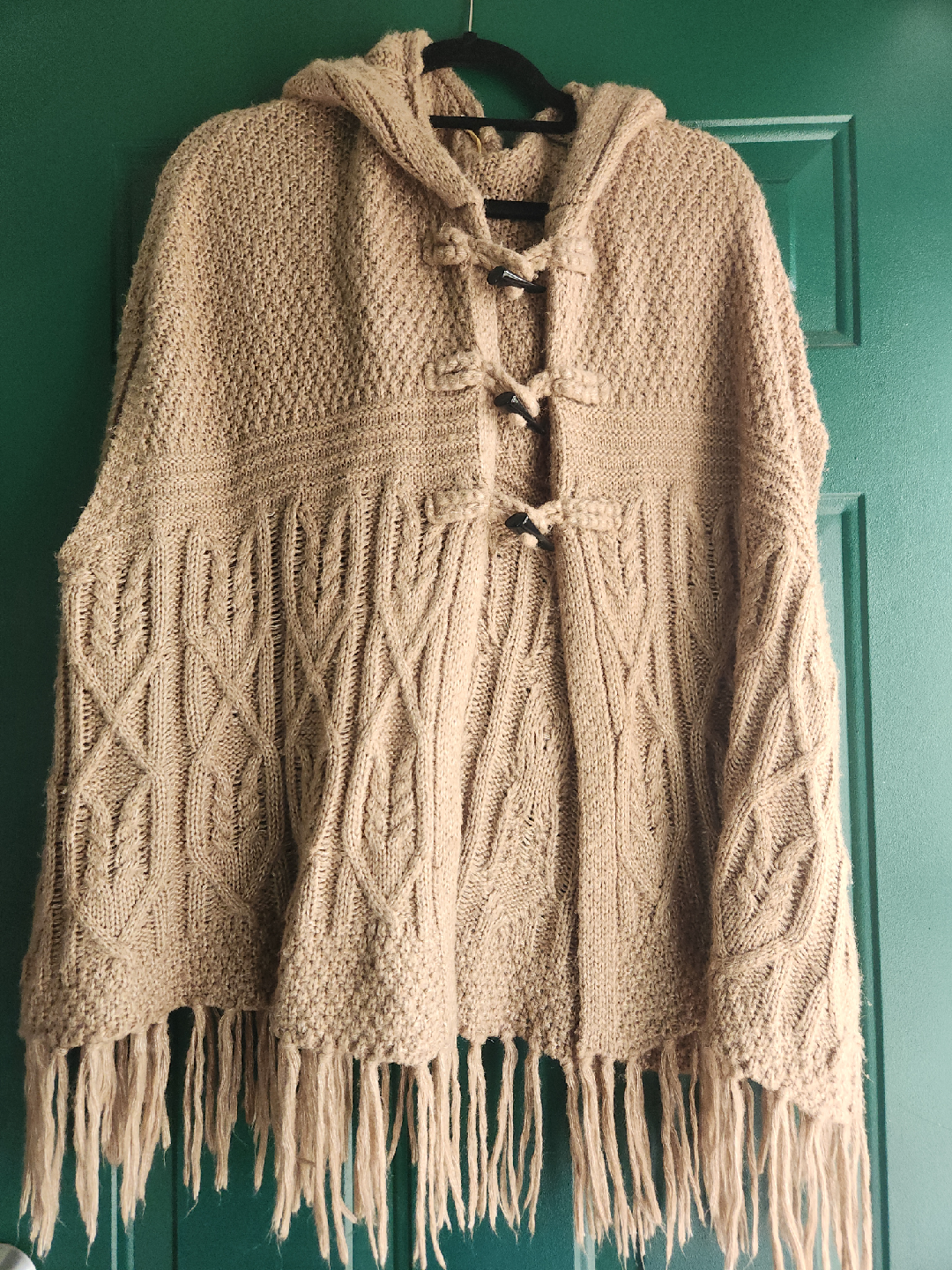 Hooded Fringe Poncho - Beige Knit