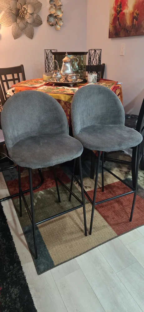 2 Grey Corduroy Black Steel frame high bar stools. thumbnail