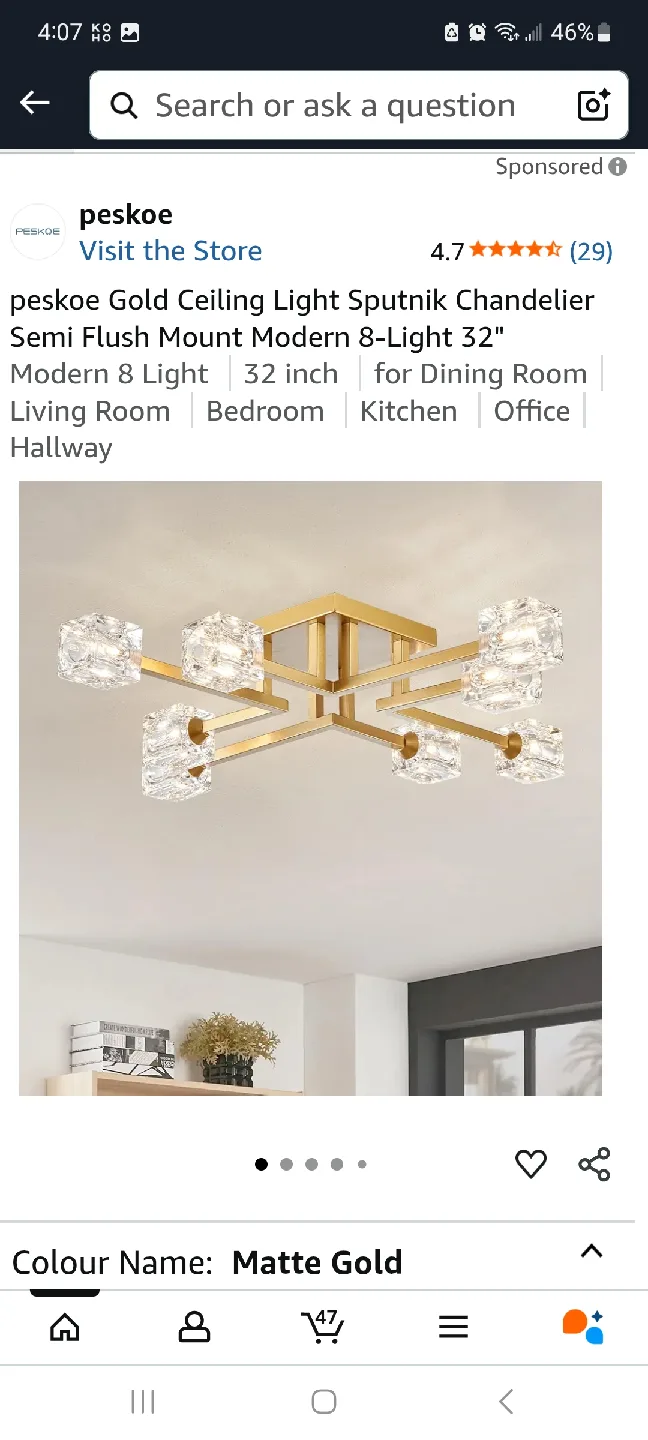 Peskoe Gold Sputnik Chandelier - Modern 8-Light, 32 inch image indicator(2)