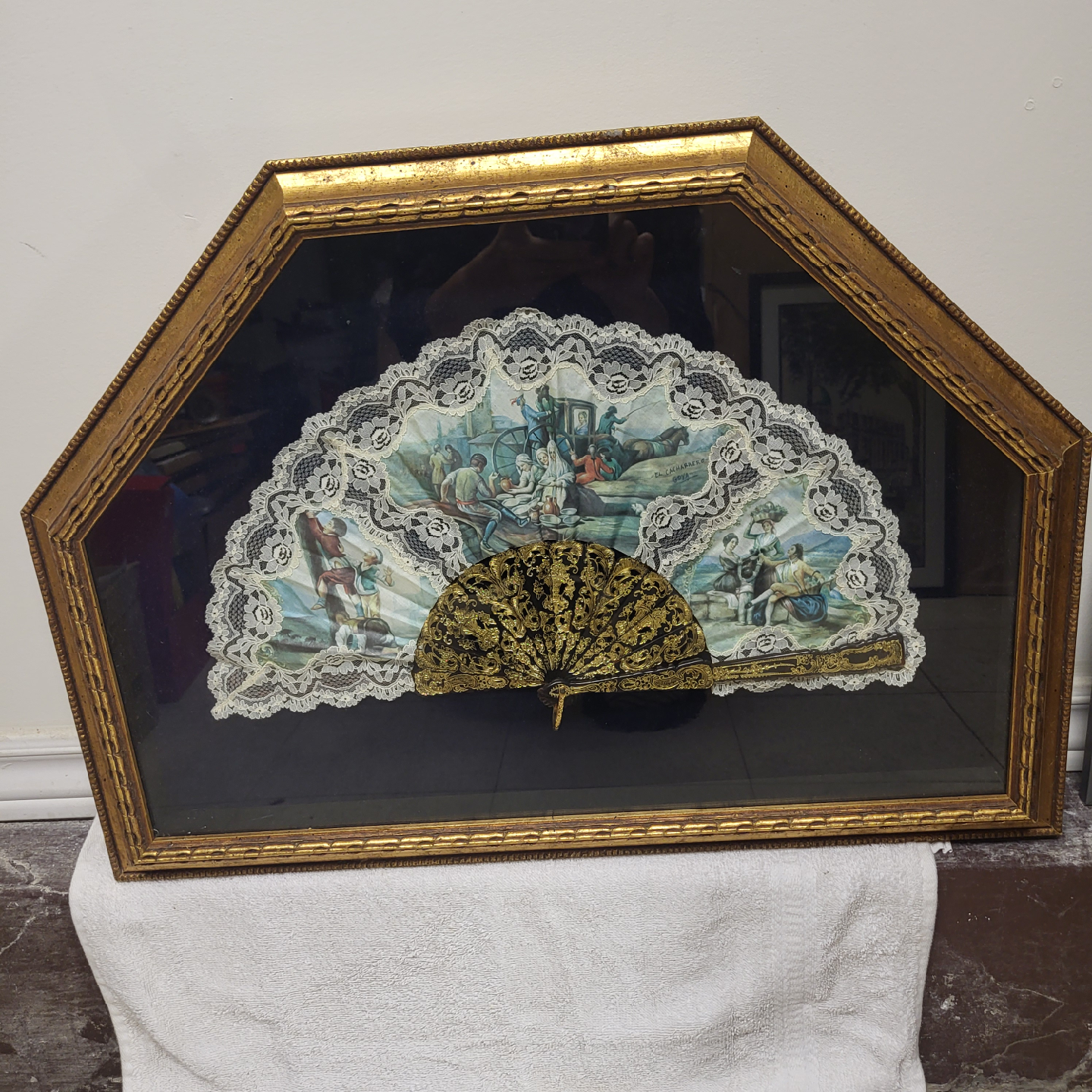 Framed Antique Fan Art 19 x 26 x 3