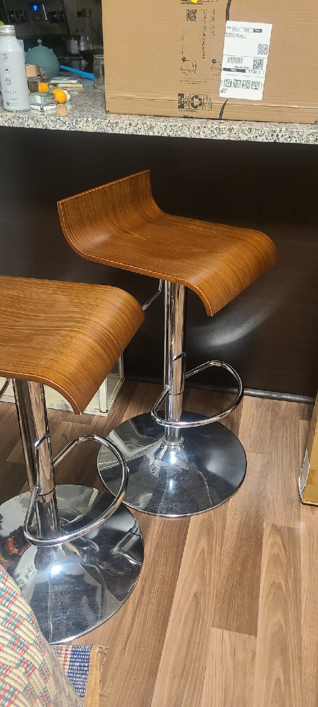 Set of Two Adjustable Wood & Chrome Bar Stools