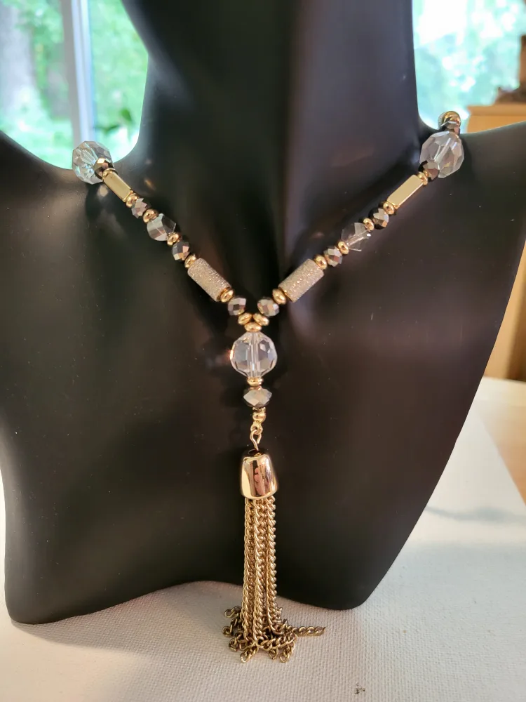 Gold Tone Beaded Tassel Necklace thumbnail