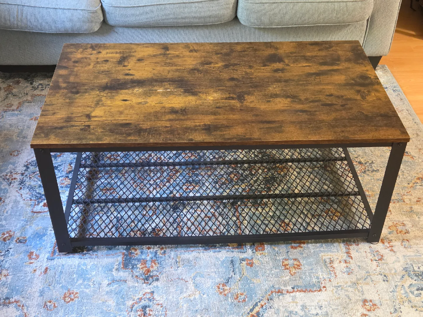 Rustic Brown Coffee Table with Metal Mesh Shelf thumbnail