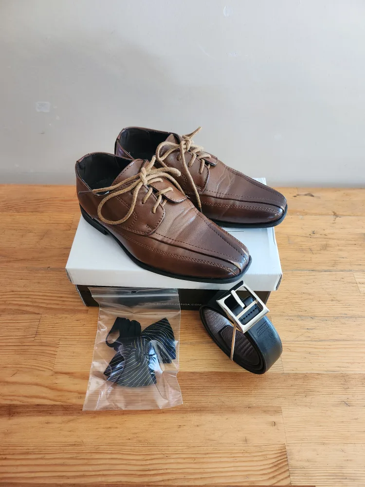 Kid's Brown Dress Shoes, Dickies Belt, Bow Tie 🥕 thumbnail